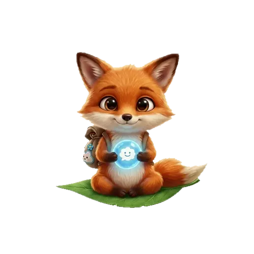 Calmilou, un petit renard roux assis sur une feuille, qui respire doucement en tenant une bulle lumineuse