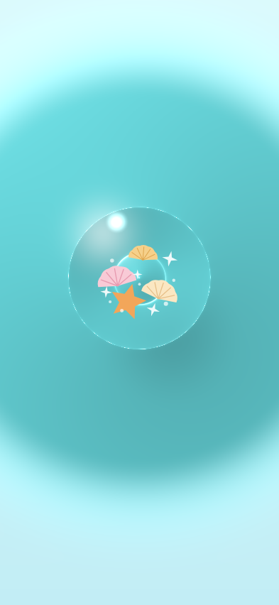 Le squishy : une bulle d'eau ronde avec des coquillages et une étoile de mer à l'intérieur